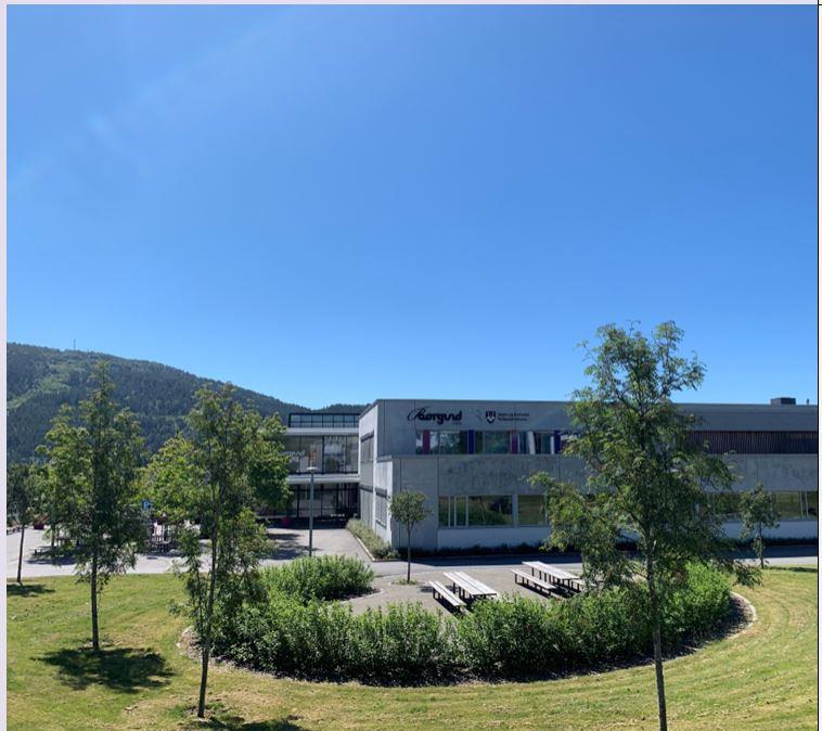 Hovedinngang til skolen med trær og busker rundt benker. Sol og blå himmel